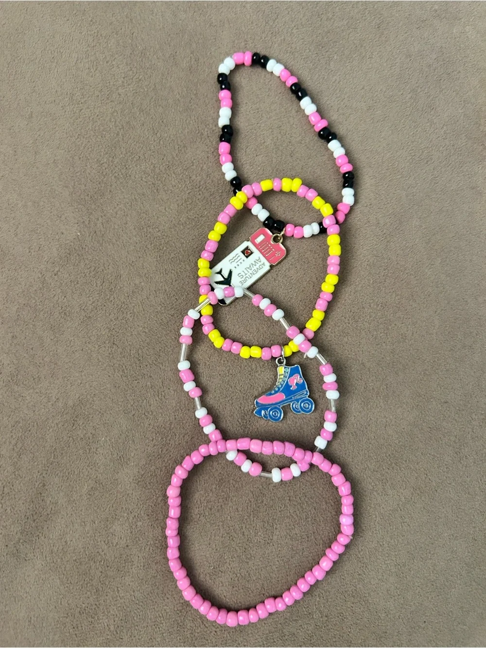 Pink Yellow Beaded Charm Bracelet Set with travel charm and skate charm